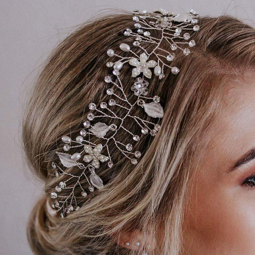 Lily Pearl Hair Vine, Aksesoris Rambut Bando Pengantin Wanita, Perhiasan Tiaras Berlian Imitasi Buatan Handmade Leaf Flower Hair Band Untuk Anak Perempuan