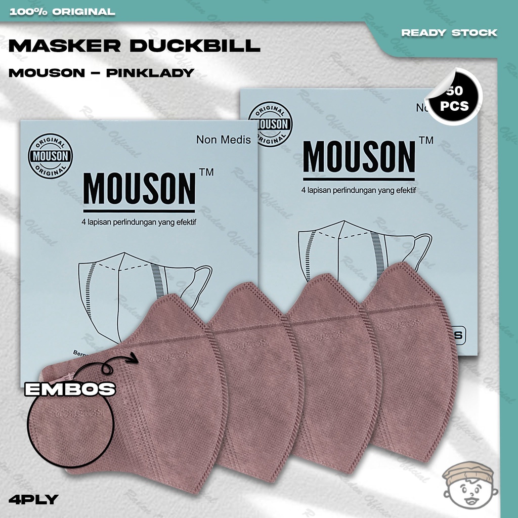 Masker Duckbil MOUSON 4Ply isi 50Pcs Warna Pink Lady Shrimp Duckbill 4 Ply Earloop Surgical Mask