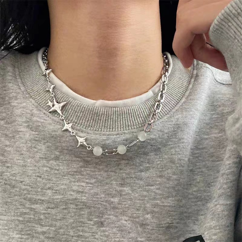 Kalung Jahitan Opal Bintang Perempuan Unik Trendi Gaya Baru Niche High-End Gaya Keren Rantai Klavikula