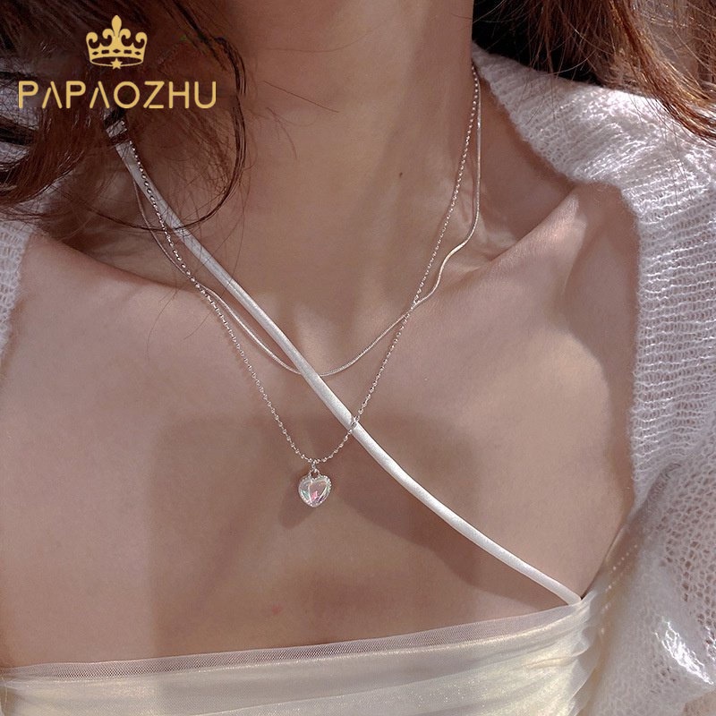 Papaozhu Chic Bersinar Moonstone Jantung Liontin Kalung Untuk Wanita Gadis Korea Berlapis Ganda Perak Tipis Rantai Kalung Fashion Perhiasan Hadiah