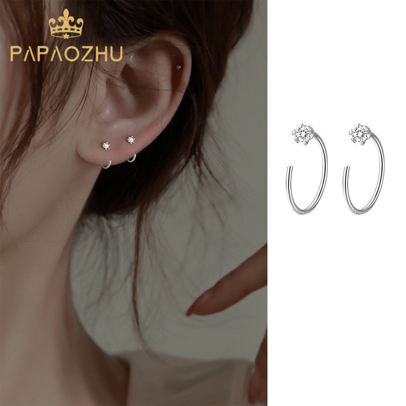 Papaozhu Elegan s925 Perak Zirkon Kecil Bunga Tindik Klip Anting Untuk Wanita Perempuan Korea Fashion Berlian Imitasi Cuff Earring Perhiasan Hadiah