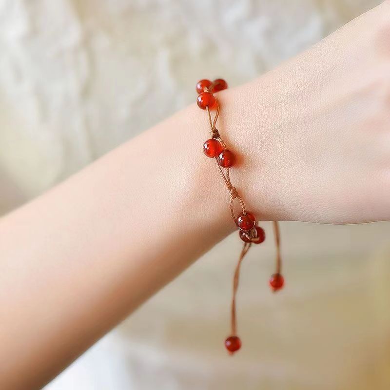 Gelang Coding Batu Akik Merah Gaya Cina Trik Perempuan Peach Blossom Beruntung Gelang Sederhana All-Match Desain Niche Gelang Pacar