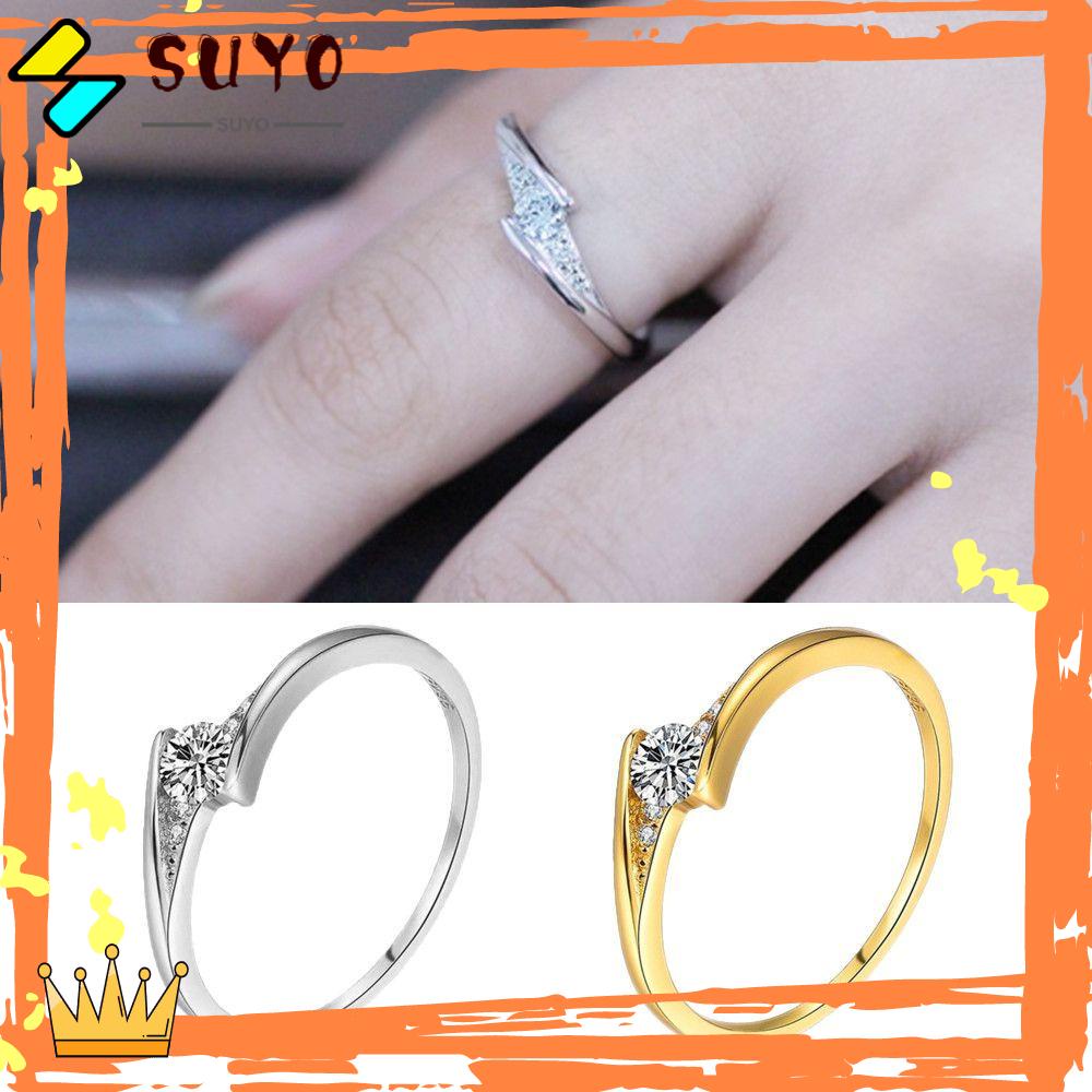 SUYO Cincin Kawin Berlian Bulat Emas &amp; Perak Wanita Klasik Ladies Ring
