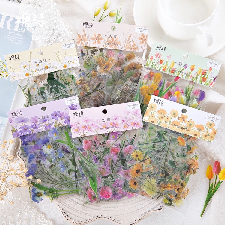 

40pcs Sticker PET FLOWER FAMILY / Stiker Bunga Flowers Estetik Hiasan DIY Scrapbook Bujo Journaling Journal Jurnal Botol Minum Lucu