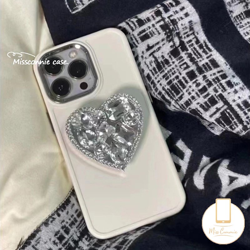 Diamond Love Heart Bracket Phone Holder Case Kompatibel Untuk IPhone 7plus 11xr 13 14 12 11 Pro MAX X XS Max7 8 Plus Plating Bingkai Lensa Logam Simple Mewah Warna Macaron Soft Cover