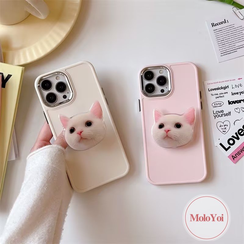 IPHONE Casing Ponsel Bracket Kucing Kitty Lucu Kompatibel Untuk Iphone11 14 13 12 Pro MAX 7plus X XR 78 Plus XS MAX Mewah Plating Bingkai Lensa Logam Warna Solid Sederhana Soft Cover