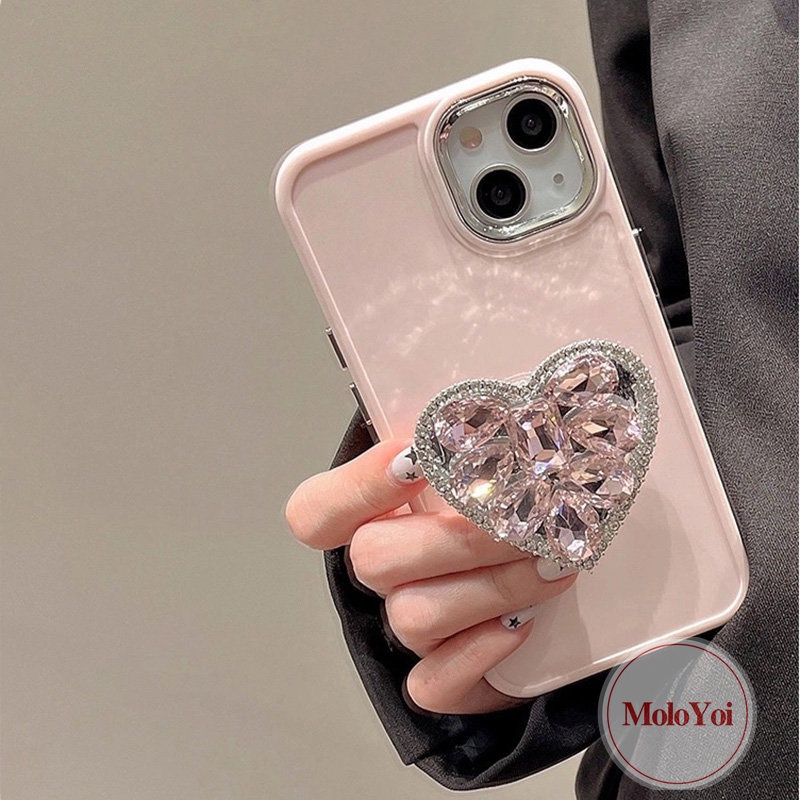 Kompatibel Untuk IPhone XR 7plus 11 14 13 12 Pro Max7 8 Plus X XS MAX Berlian Cinta Hati Bracket Phone Holder Plating Simple Mewah Warna Solid Case Soft Cover