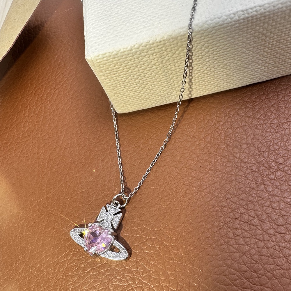 Kreatif Saturnus Planet Cinta Liontin Kalung/Elegan Mewah Klavikula Kalung/Wanita Sederhana Pesona Kalung/Ins Fashion Y2K Perhiasan Aksesoris/