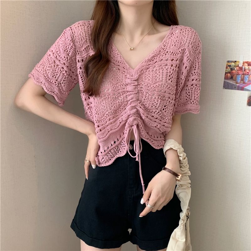 Atasan Wanita Cutout Serut Lengan Pendek Premium Rajut Casual Top