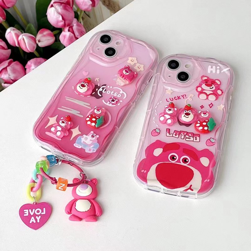 3D Ice Cream Strawberry Bear Lotoso Soft Case IPhone XR XS MAX 11 12 13 14 Pro Max 14 Plus New Apple for Women Girls Gift Bracelet Airbag Case Pink Red Cute Cartoon