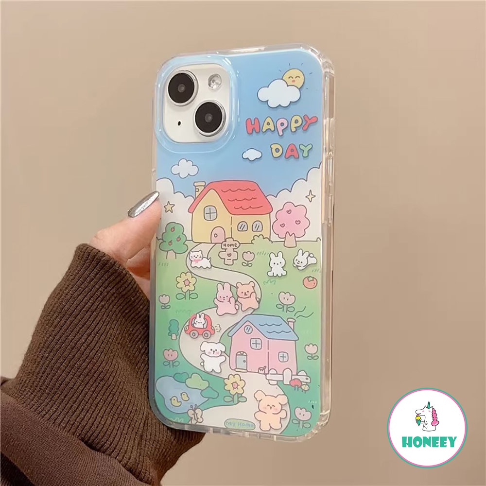 IPHONE Ins Kartun Beruang Kelinci Ilustrasi Ponsel Case Kompatibel Untuk Iphone14 Pro Max13 12promax Case Untuk Iphone11Sarung Belakang Tahan Guncangan Akrilik