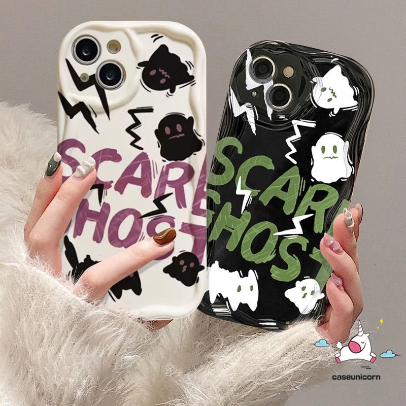 Untuk Realme C53 C11 C35 C33 C55 6i 5s 9i 5i 5 7i C31 C25 C15 C30 C25s C21Y C25Y C21 C20 C17 C20A C12 C3 C2 C1 Pasangan Kartun Doodle Hantu Kucing Lucu 3D Bergelombang Lengkung Tepi Soft Cover