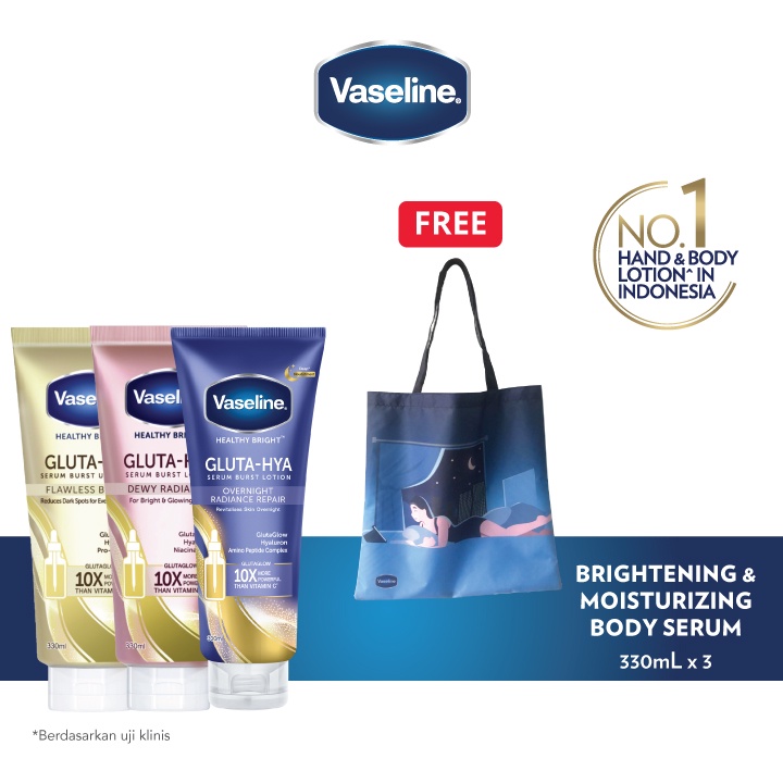 Buy Vaseline Gluta Hya Flawless Bright 330ml, Dewy Radiance 330ml and Overnight 330ml FREE Bag