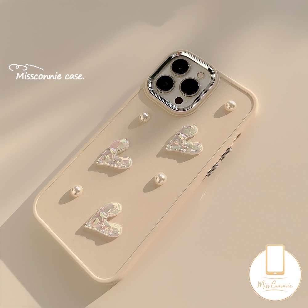 Simple Solid Color Case Compatible for IPhone 11 14 13 12 Pro Max 7plus X XR 7 8 Plus XS MAX Luxury Plating Metal Lens Frame Cover with 3D Cream White Pearl Love Heart Accessories