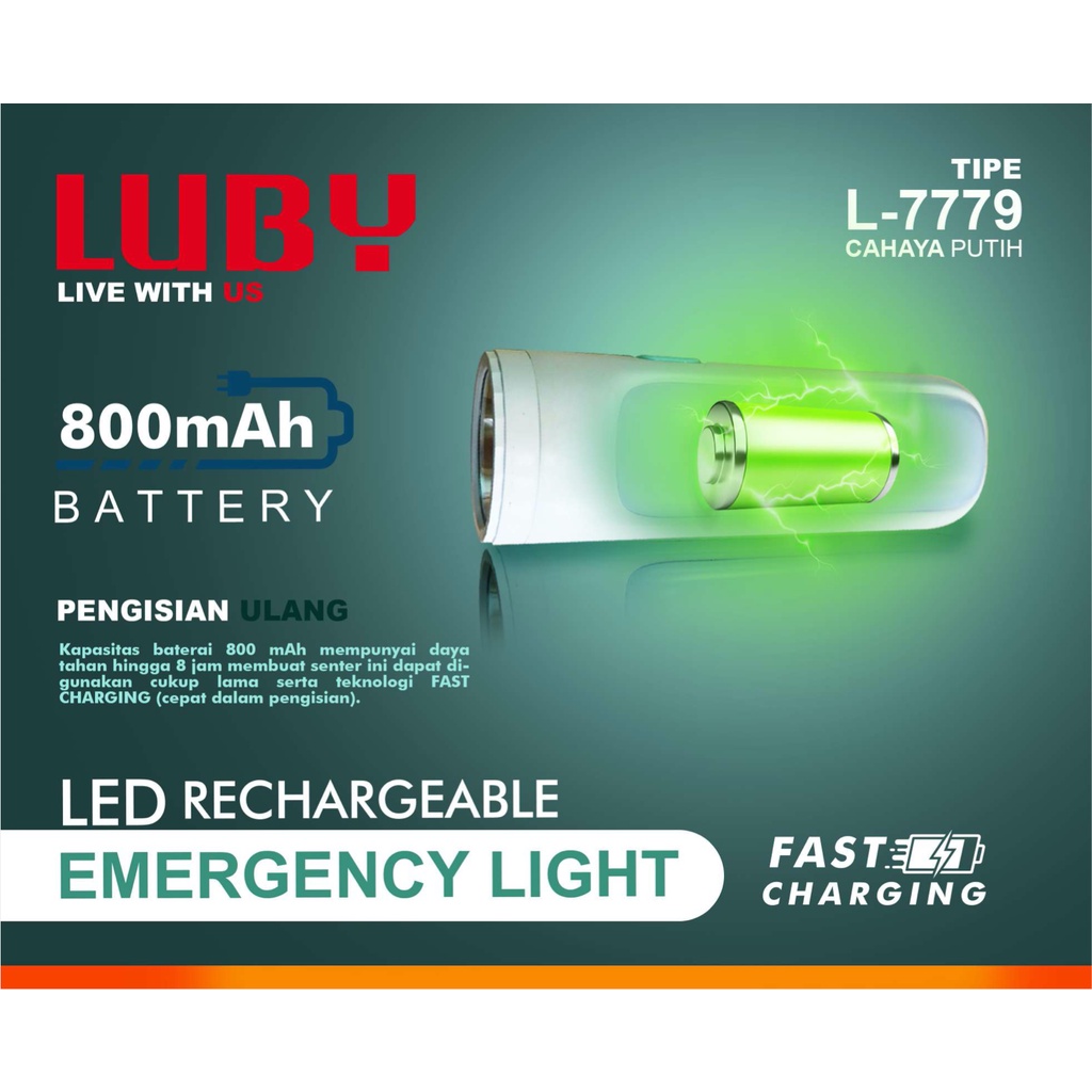 Lampu Emergengy Cas LUBY L 7779 Putih Baterai Rechargeable Ulang Lampu EMergency LED Camping 3 Watt Senter