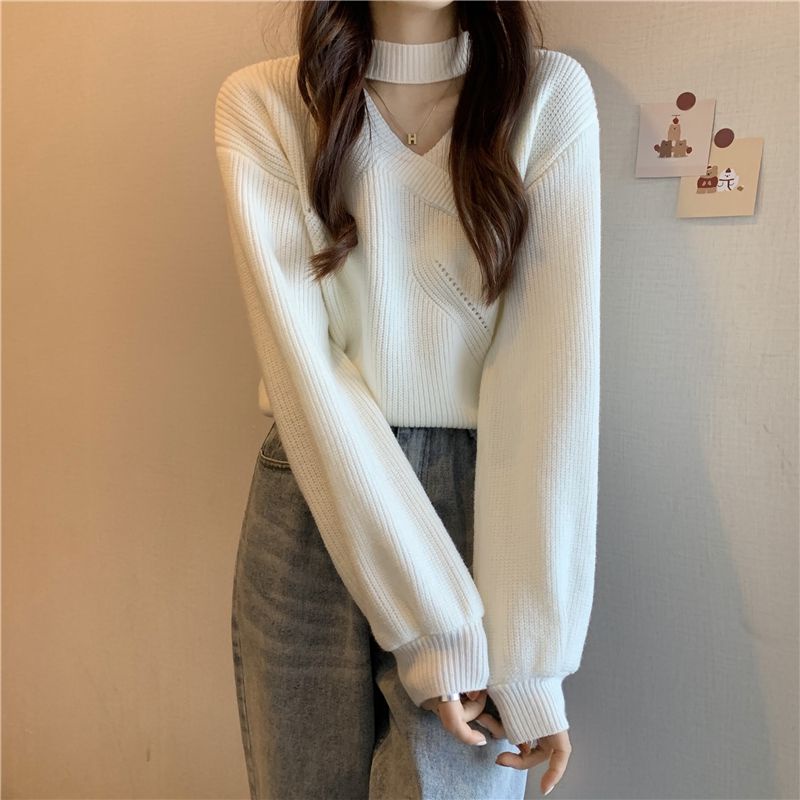 Sweater Oversize Wanita Polos Lengan Panjang Casual Halterneck Top