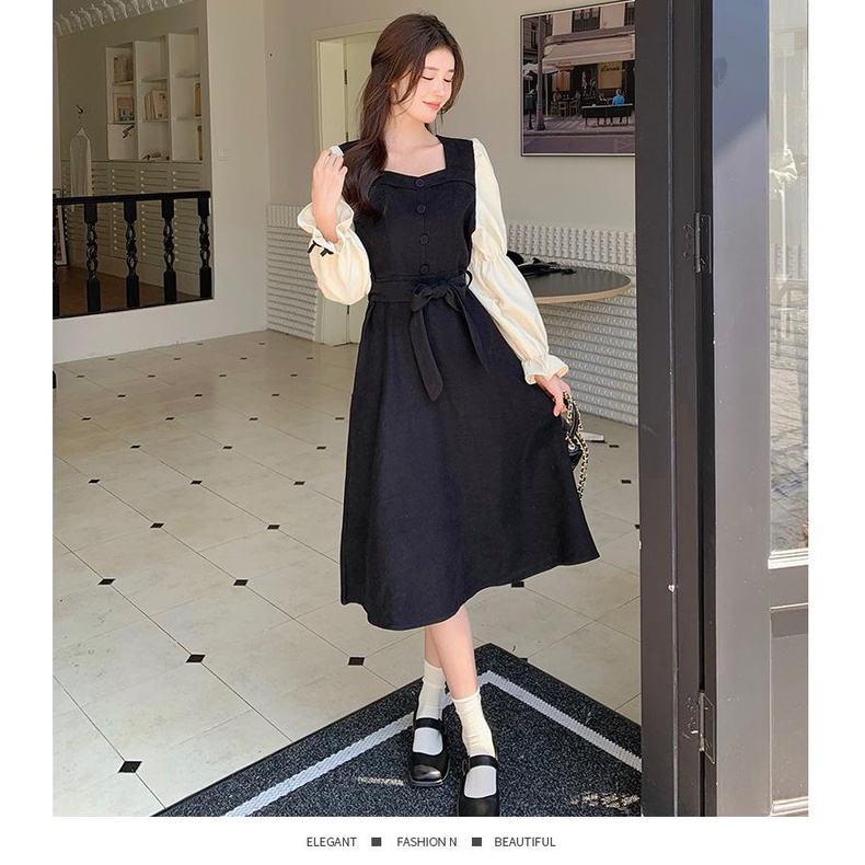 LADYSHOP D288 CORDUROY high-end temperament black all-match dress