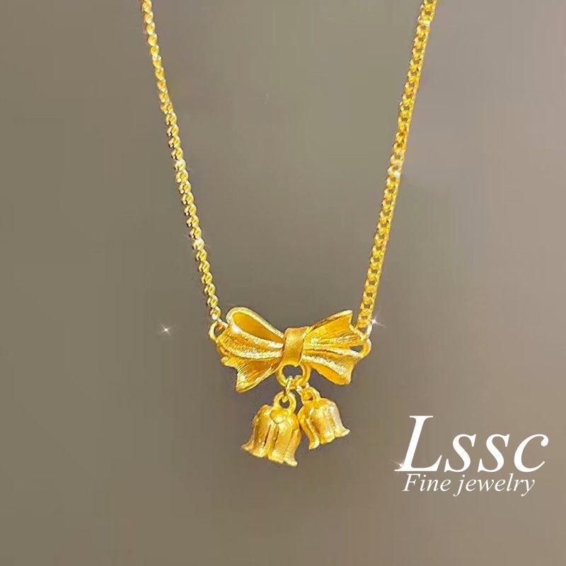 Kalung Titanium Anti Karat Bunga Pita Aesthetic Korea Cantik Emas 18K Aksesoris Wanita Perhiasan
