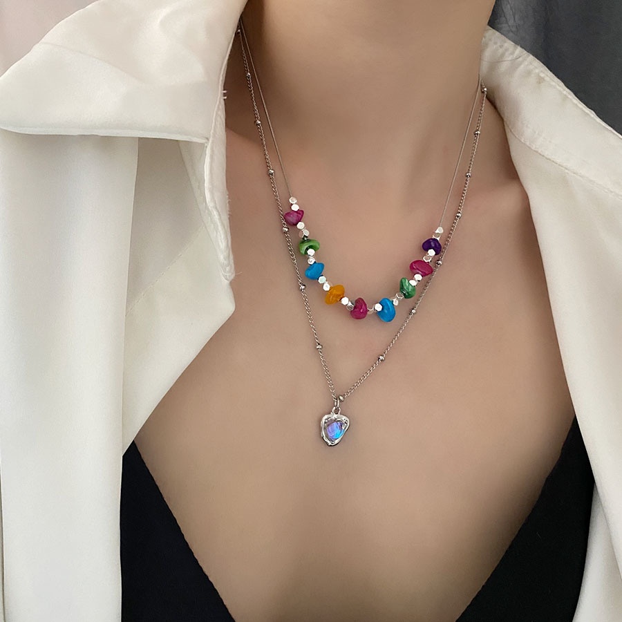 Seven Colored Stone Love Pendant Double Necklace Aksesoris Cahaya Mewah Fashion Temperamen Rantai Klavikula