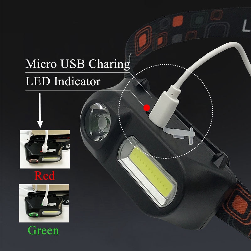 Senter KepalaLED Sistem Cas USB  Headlamp 3 MODE LED COB + XPE Camping Outdoor Super Terang Rechargeable
