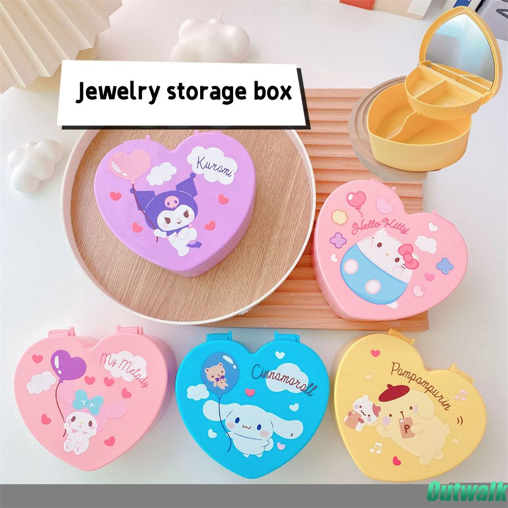 ღ Sanrio Kotak Perhiasan Berbentuk Hati Gadis Hati Kulomi Kotak Perhiasan Desktop Perhiasan Kalung Anting-Anting Double-layer Flip Finishing Groceries Box