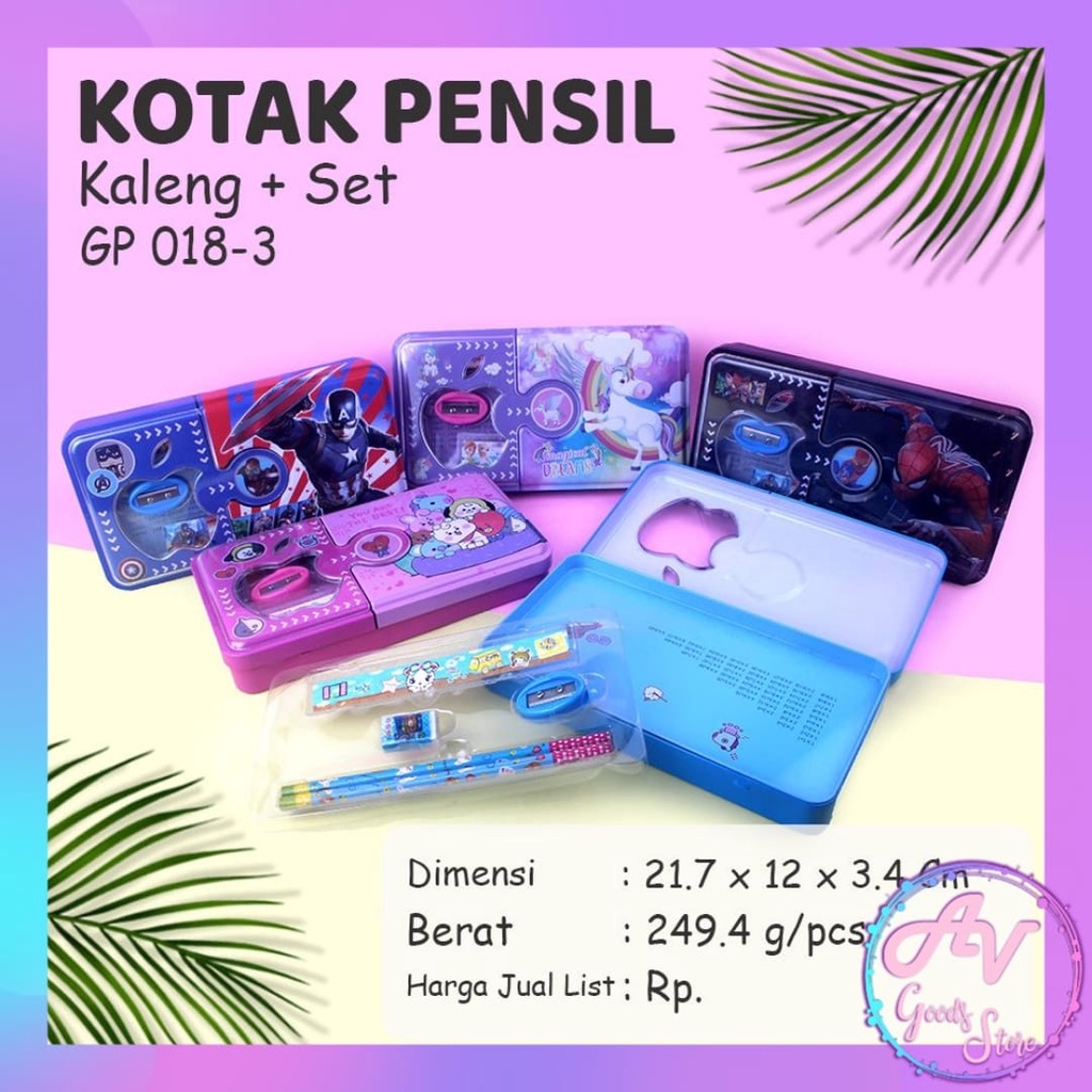 

Kotak Pensil Kaleng Set APEL Karakter GP018-3 / Tempat Pensil + Alat Tulis Set Fancy