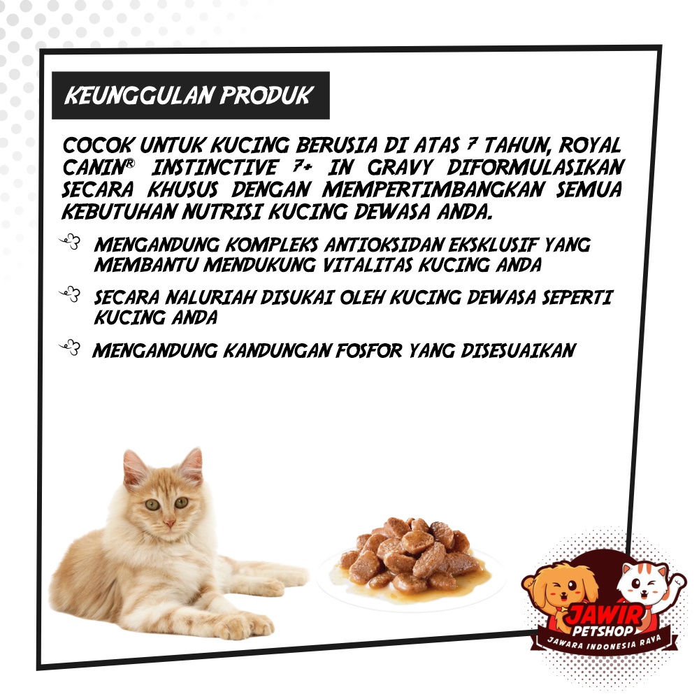Royal Canin INSTINCTIVE 7+ POUCH 85gr rc senior adult cat wet food makanan basah kucing lanjut usia dewasa tua manula 7 tahun gravy jelly loaf pelancar pencernaan pelebat bulu anti rontok penambah nafsu makan murah