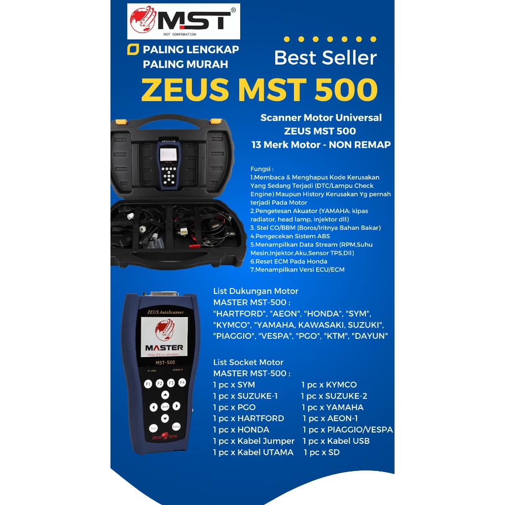 Scanner motor injeksi zeus mst-500 fitur lengkap, socket lengkap daripada mst-400