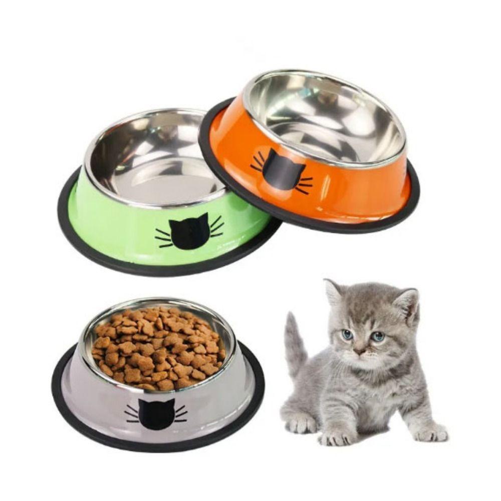 Non-slip Pola Wajah Kucing Stainless Steel Pet Bowl, Non-slip Pola Wajah Kucing Stainless Steel Pet Bowl, Aksesoris Kucing Tidak Karat Stainless Steel Karet Dasar Kucing Water Bowl Puppy