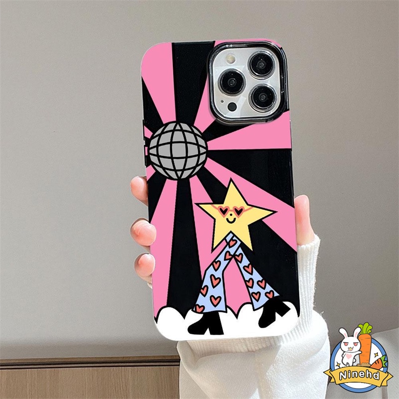 IPHONE Kartun Smiley Star Case Kompatibel Untuk Iphone14 13 12 11 Pro Max X Xr Xs Max 8 7 6 6s Plus SE 2020hitam Bingkai Lensa Gadis Ponsel Case Shockproof Silikon Lembut Pelindung Penutup Belakang