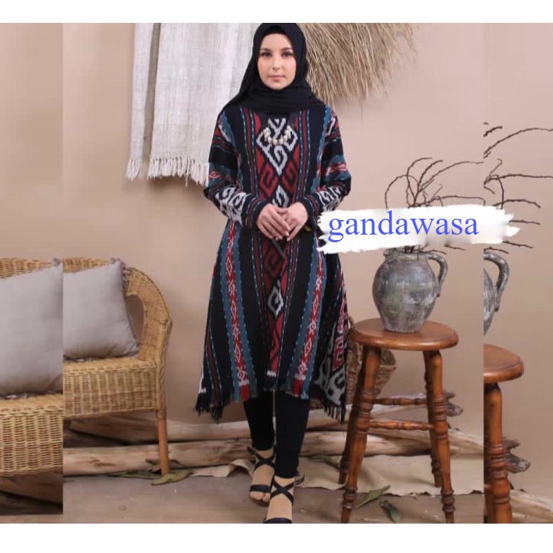 dress tenun, tunik wanita kondangan kekinian outfit muslimah