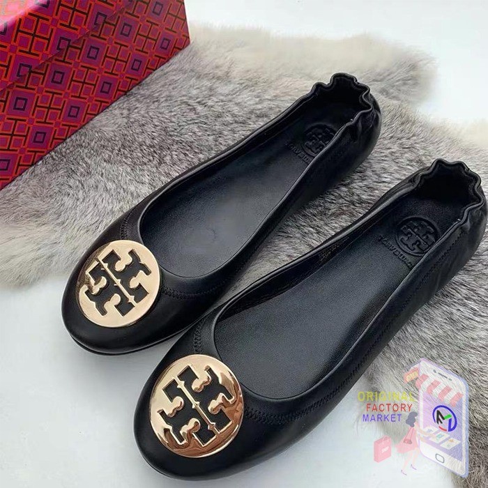 ORIGINAL Sepatu TORY BURCH Flat Shoes Minnie Travel Ballet Black Gold - 35
