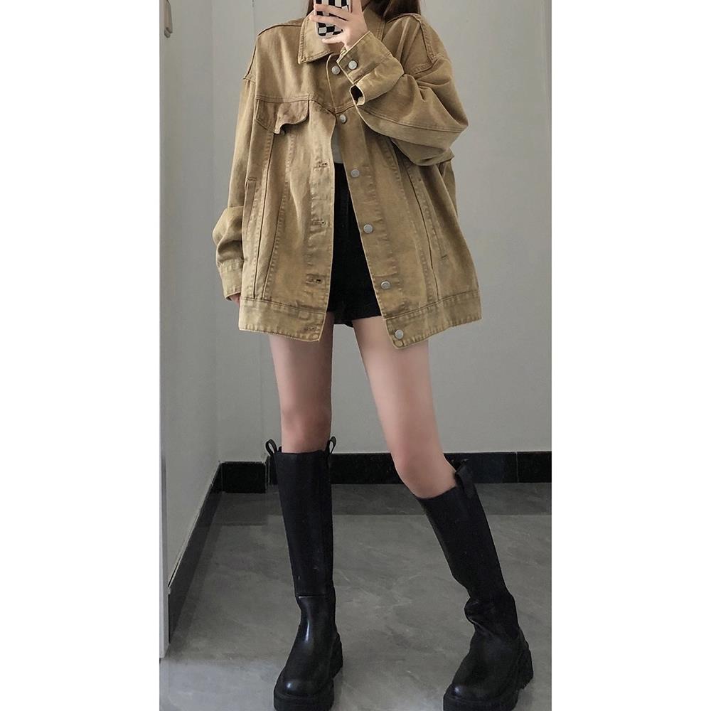 Brown denim jacket for women's loose work clothes