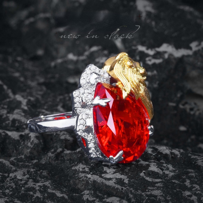 Goldkingdom Fashion Perhiasan Aksesoris Ready Stock Itali Bicolor Kerajinan Emas Lion King Mahkota Set Dove Blood Ruby Liontin Berlian Merah Anting Terbuka Cincin