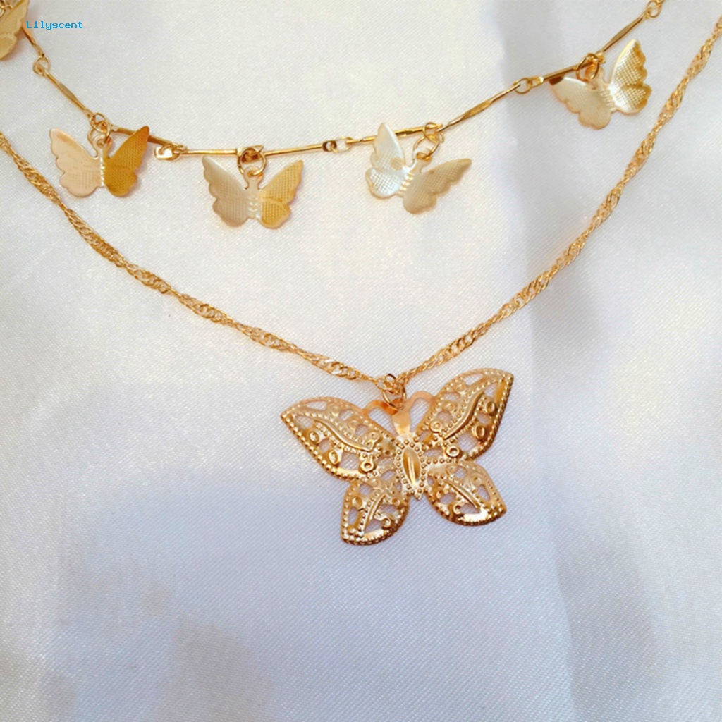 Lilyscent Wanita 2-Layer Butterfly Pendant Choker Rantai Klavikula Kalung Perhiasan Hadiah