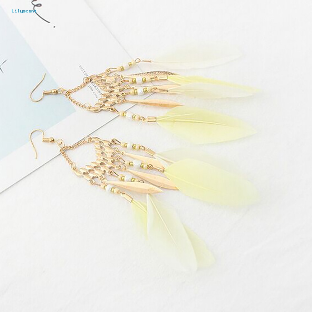 Lilyscent Vintage Panjang Menjuntai Bulu Boho Kait Anting Wanita Menawan Perhiasan Hadiah