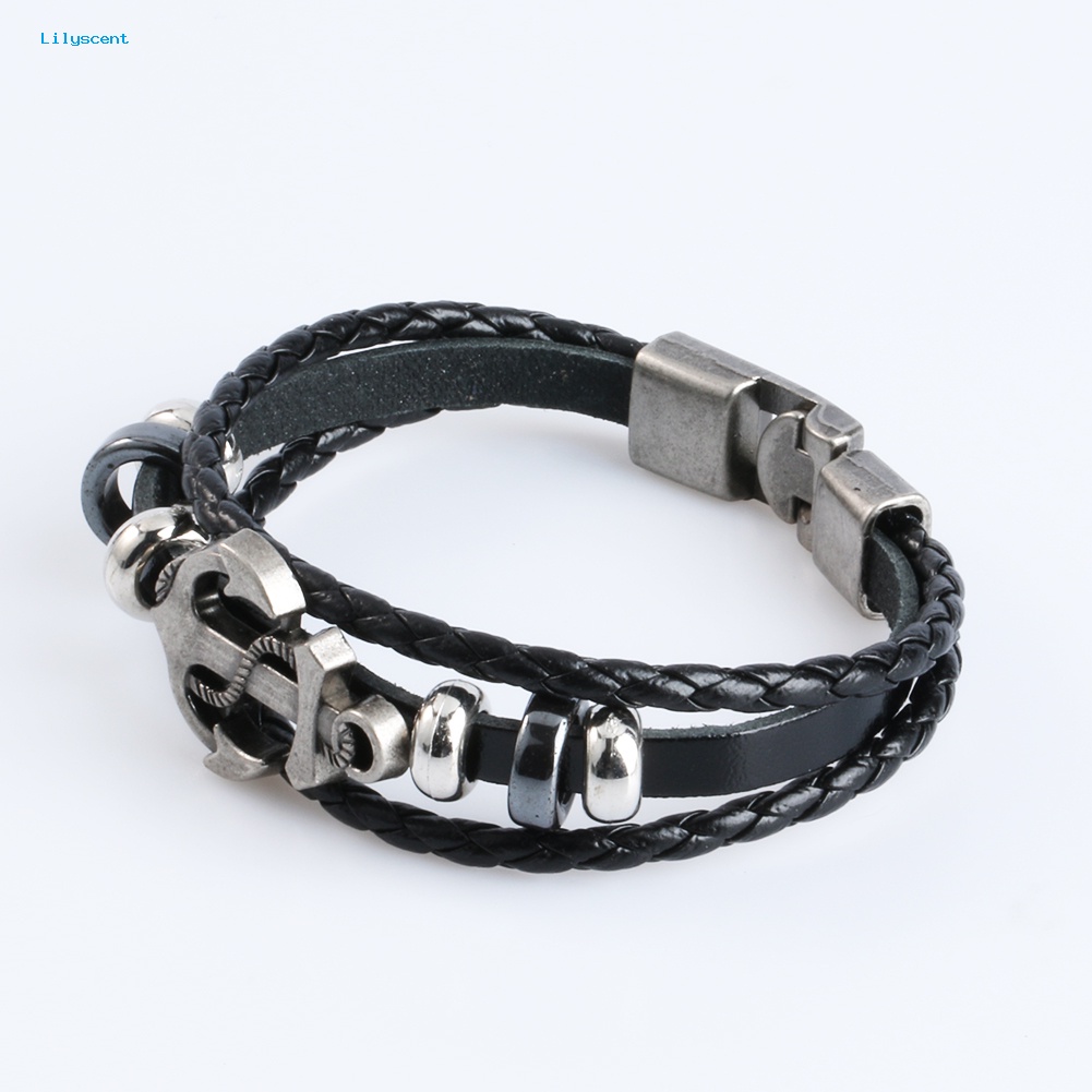 Lilyscent Pria Vintage Logam Jangkar Baja Bertabur Surfer Kulit Imitasi Bangle Cuff Gelang