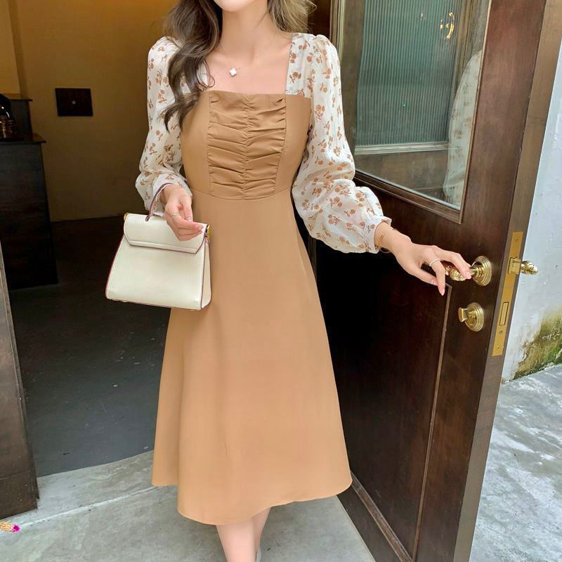 Dress Korea Vintage Lengan Panjang Bunga Two Tone