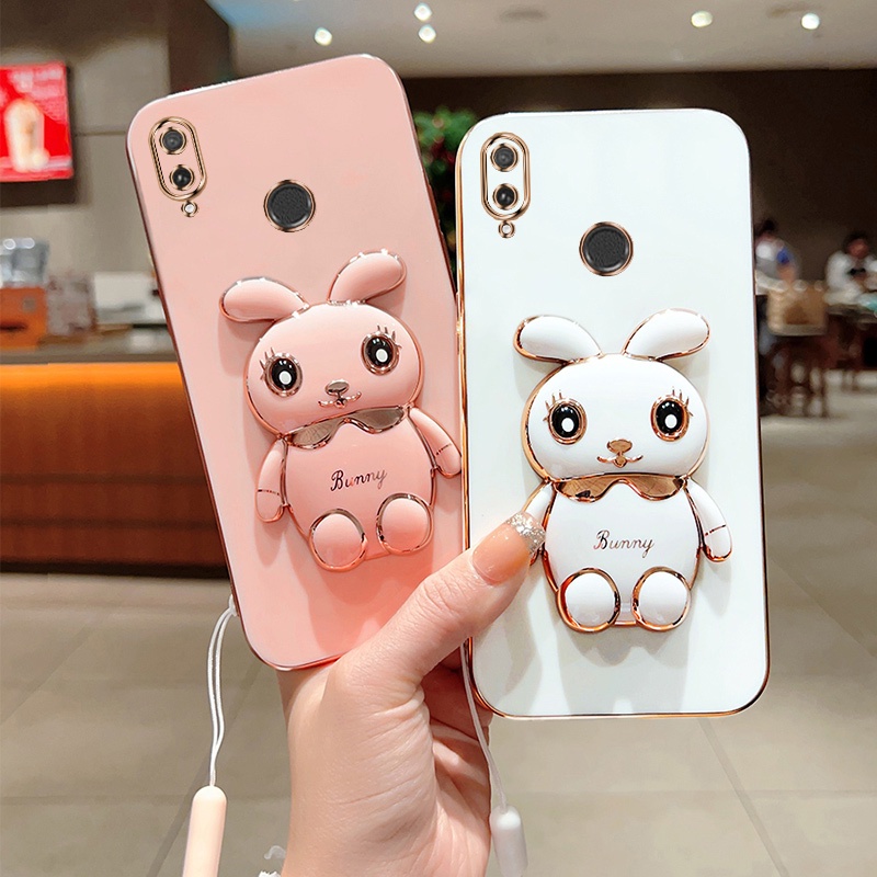 Andyh Casing Ponsel Untuk Huawei Y7 2019 Y7 Prime 2019Cute Kartun Kelinci Kecil Tepi Lurus Soft Shell Mengirim lanyard Silikon