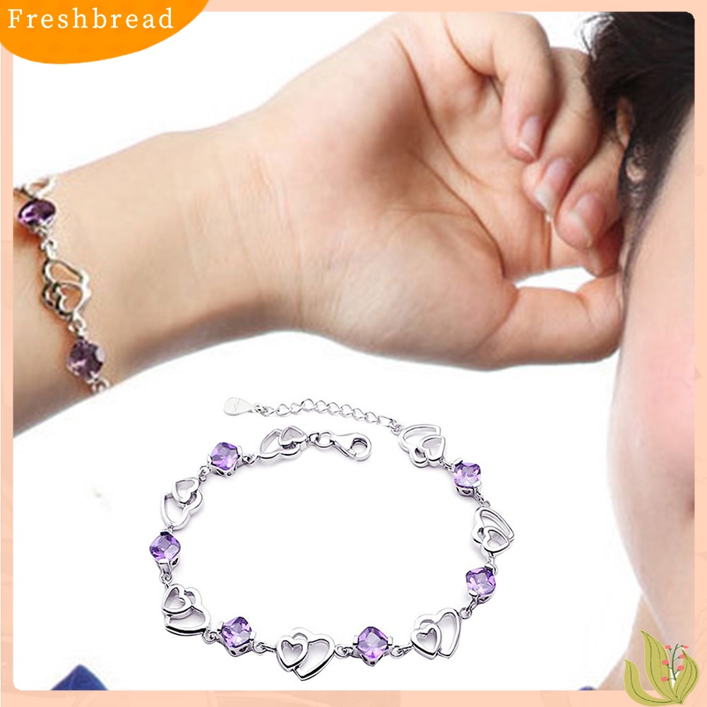 &lt; Freshbread &gt; Fashion Wanita Berongga Hati Faux Amethyst Rantai Gelang Bangle Pesona Perhiasan