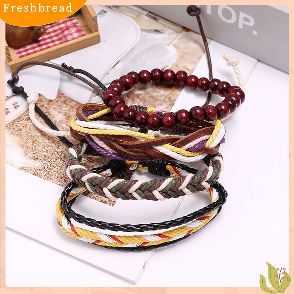 &lt; Freshbread &gt; 4Pcs Pria Kulit Imitasi Tali Dikepang Yang Dapat Disesuaikan Bangle Gelang Pergelangan Tangan Perhiasan