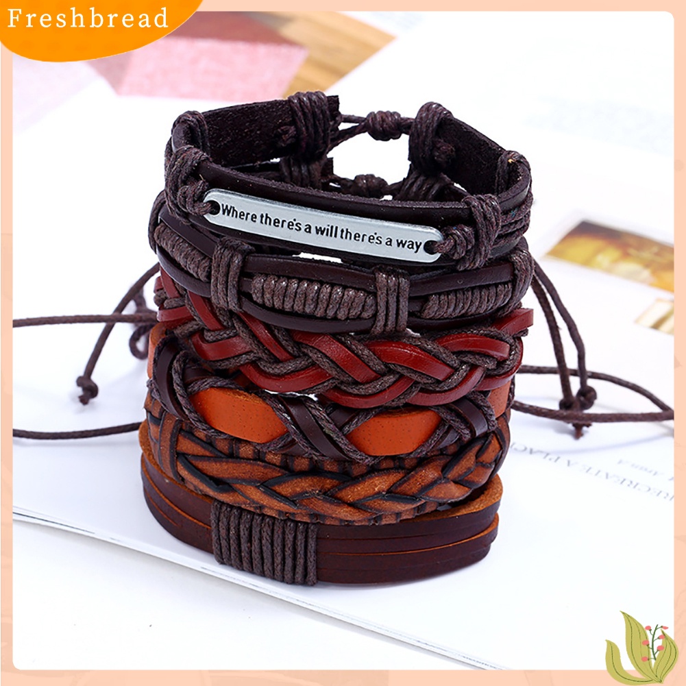 < Freshbread > 6Pcs/Set Pria Vintage Punk Dikepang Kulit Imitasi Multilayer Handmade Gelang Set