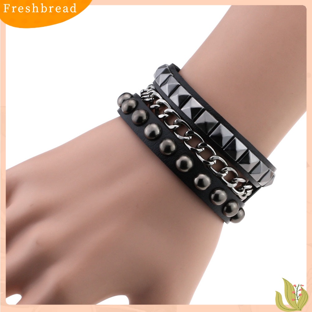 &lt; Freshbread &gt; Berlapis Wanita Punk Rock Rivet Gelang Bertabur Kulit Imitasi Rantai Logam Bangle