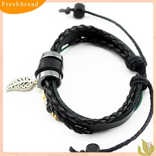 &lt; Freshbread &gt; Unisex Multi-layer Gelang Kulit Imitasi Daun Liontin Beads Adjustable Jewelry