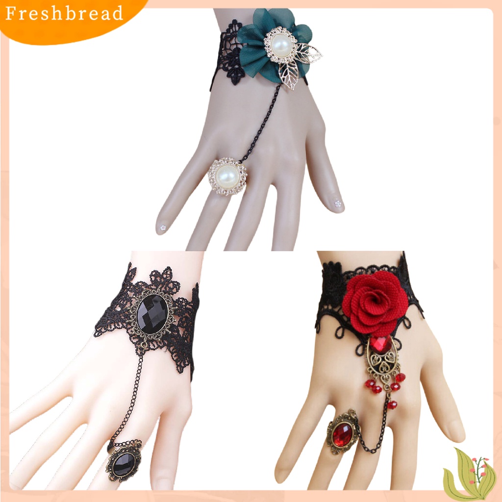 &lt; Freshbread &gt; Rose Decor Black Lace Cincin Gelang Wanita Permata Imitasi Mutiara Imitasi Cincin Tangan Rantai Perhiasan Aksesori