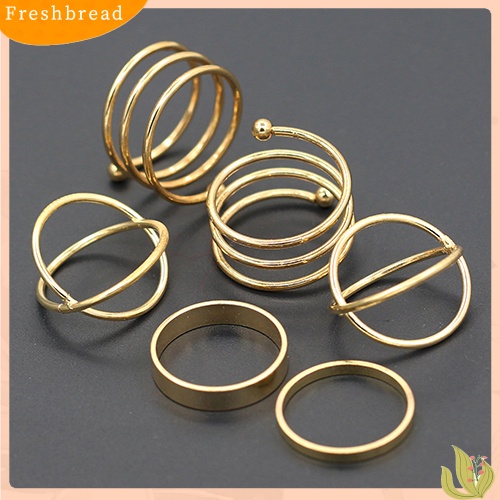 &lt; Freshbread &gt; 6Pcs/Set Wanita Golden Tone Stack Polos Slim Band Midi Ring Spiral Knuckle Rings