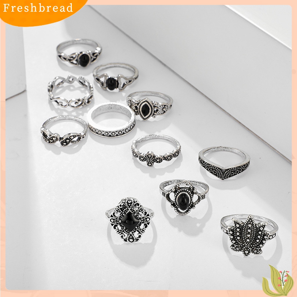 &lt; Freshbread &gt; 11Pcs Wanita Faux Gemstone Ukiran Hollow Waterdrop Lotus Finger Rings Perhiasan