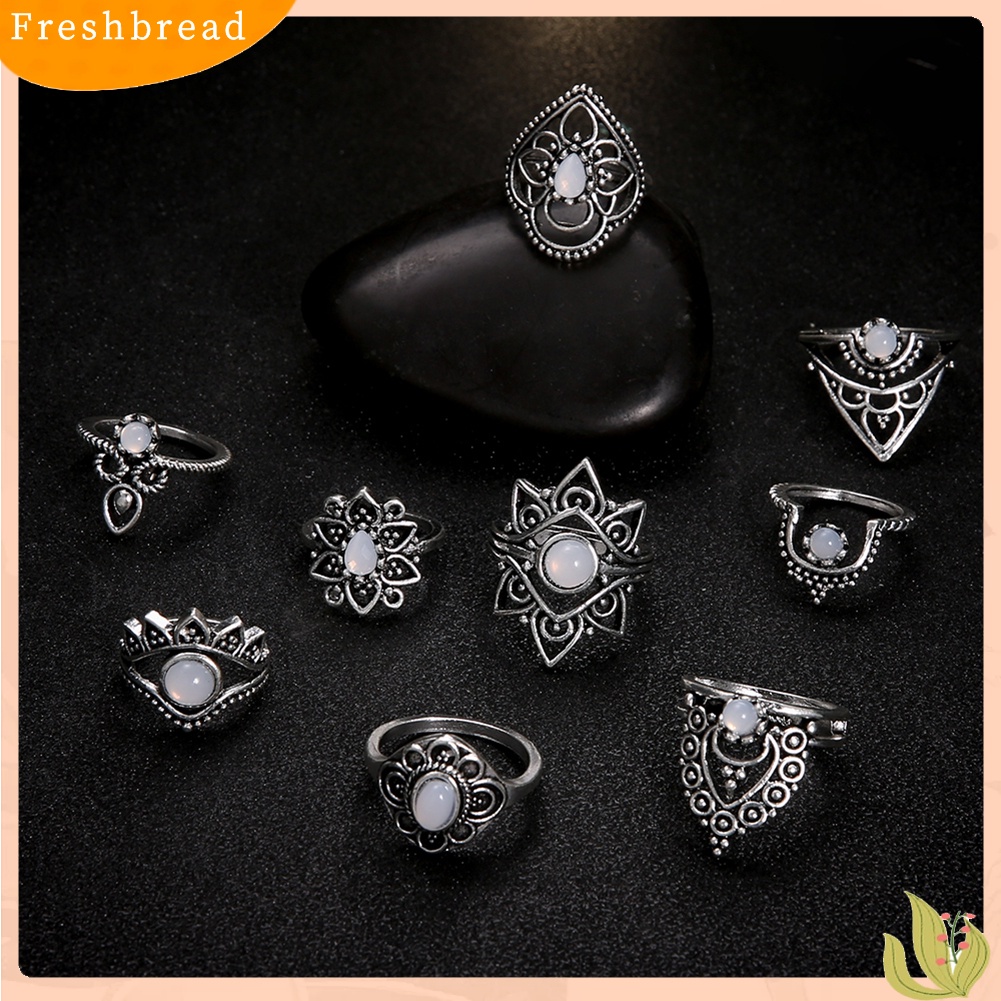 &lt; Freshbread &gt; 9Pcs/Set Retro Wanita Berongga Bunga Faux Gemstone Knuckle Midi Susun Rings Set