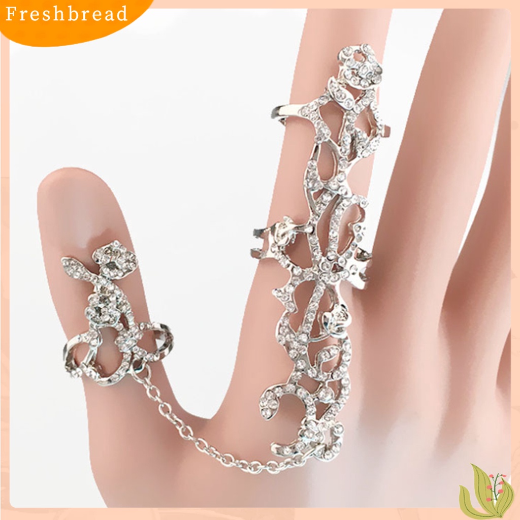 &lt; Freshbread &gt; Cincin Jari Adjustable Berlian Imitasi Tertanam Alloy Hollow Rose Flower Knuckle Chain Ring Untuk Pesta