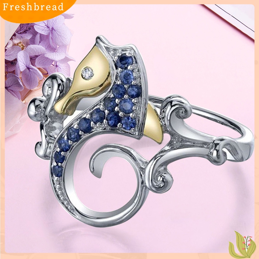 &lt; Freshbread &gt; Fashion Berlian Imitasi Biru Kuda Laut Perak Disepuh Jari Cincin Wanita Perhiasan Hadiah